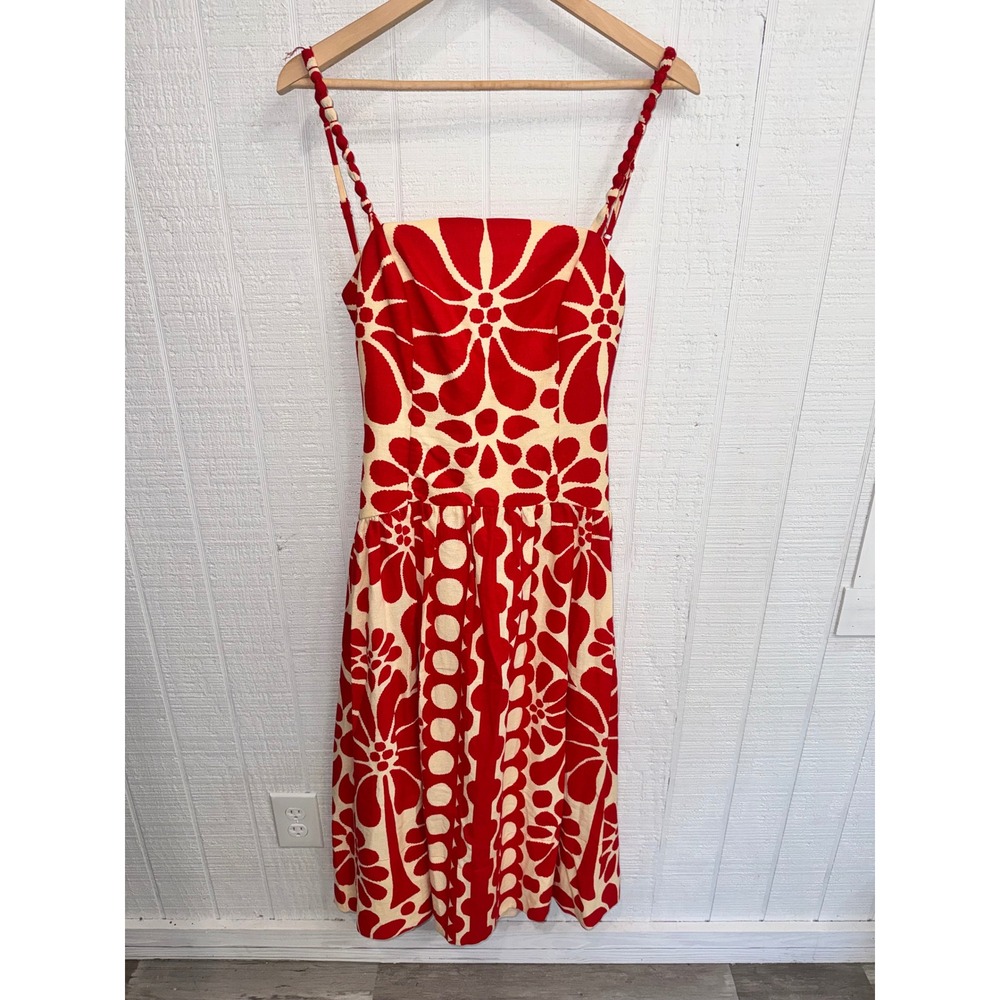 Christian Lacroix Midi Dress Womens Red Cream Floral Linen Blend Strappy Size 8
